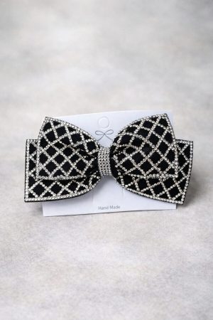 Black diamond bow hair clip with sparkling crystal design for party wear