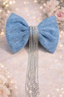 Blue denim bow hair clip with crystal tassel detailing for party wear
