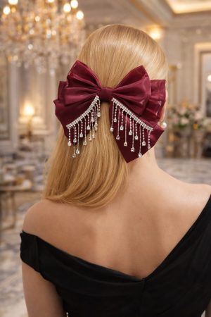 Burgundy Crystal Cascade – Premium Organza Bow