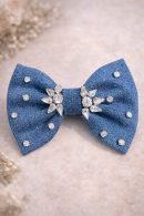 Blue denim bow hair clip with diamond crystal work for casual and party wear