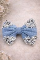 Blue denim bow hair clip with pearl and diamond crystal embellishments