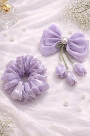 Lavender Pearl Satin Bow & Scrunchie Set