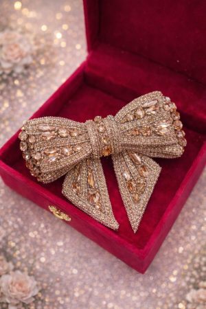 Luxury champagne diamond bow hair clip with crystal detailing for bridal and party wear