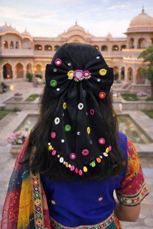 Multicolor Mirror Work Long Black Bow