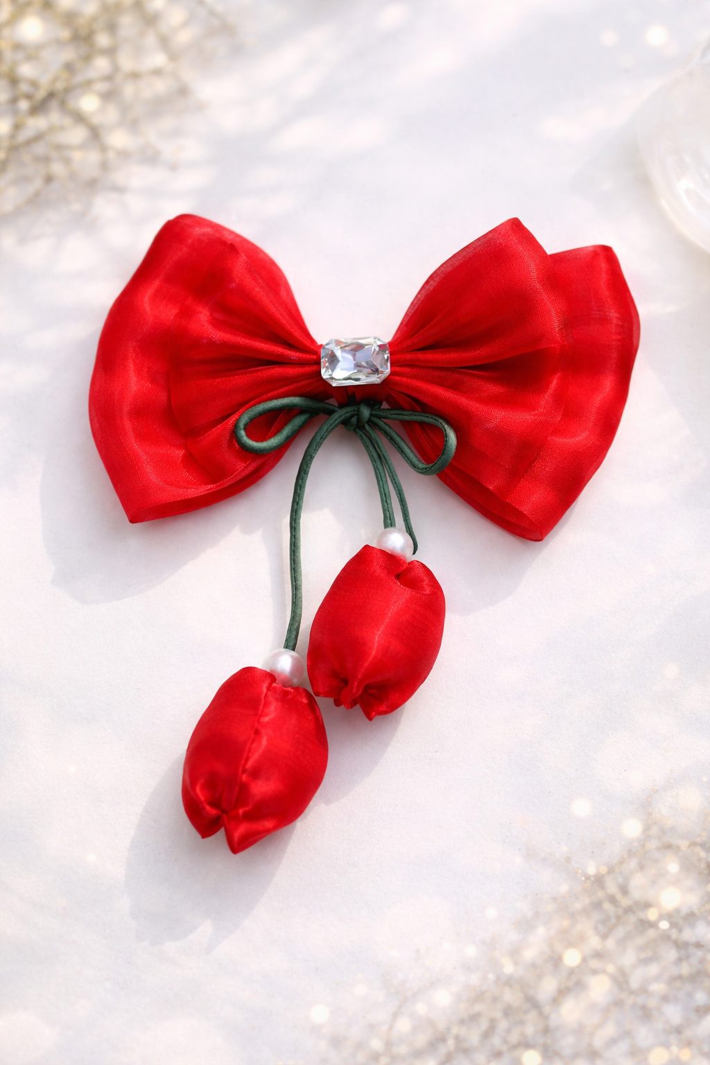Organza Red Bow with Rose Buds & Green String