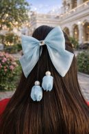 Organza Sky Blue Bow with Rose Buds & Black String