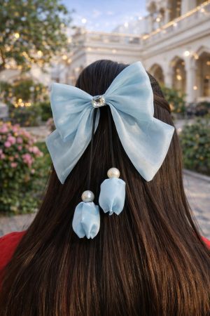 Organza Sky Blue Bow with Rose Buds & Black String