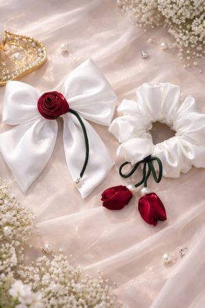 Pearl White Floral Scrunchie Bow Combo