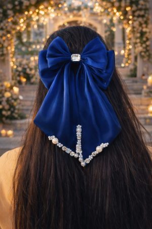 Royal Blue Satin Bow Hair Clip with Crystal & Pearl Work